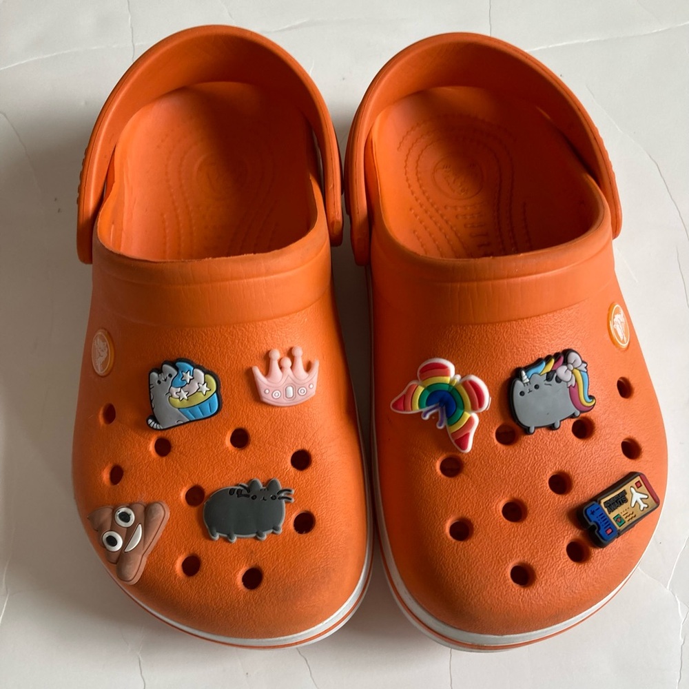 Kids size 2 orange crocband crocs pusheen jibbitz size kids 2